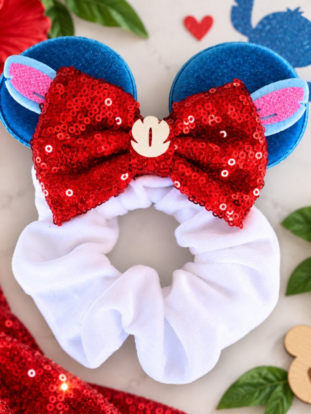 Stitch Inspired Mouse Ears Scrunchie Blue Red Sequin Bow Disney Hair Accessory